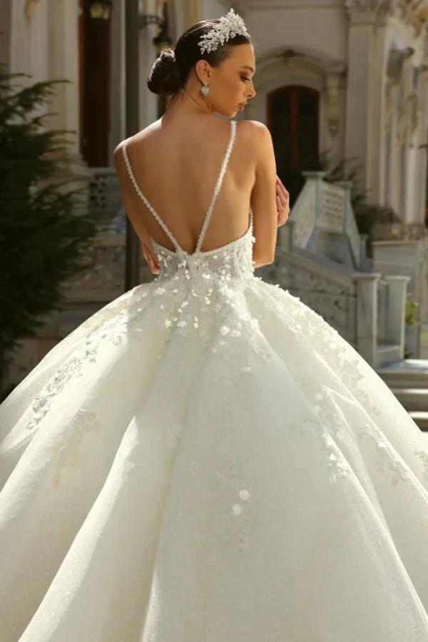 Chic Long Princess A-line Ivory Spaghetti Straps Tulle Lace Wedding Dress with Glitter (ZD15547) - View 3 | VelvetHem