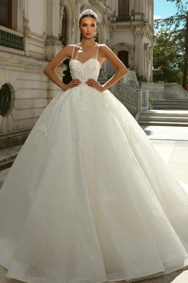 Chic Long Princess A-line Ivory Spaghetti Straps Tulle Lace Wedding Dress with Glitter (ZD15547)