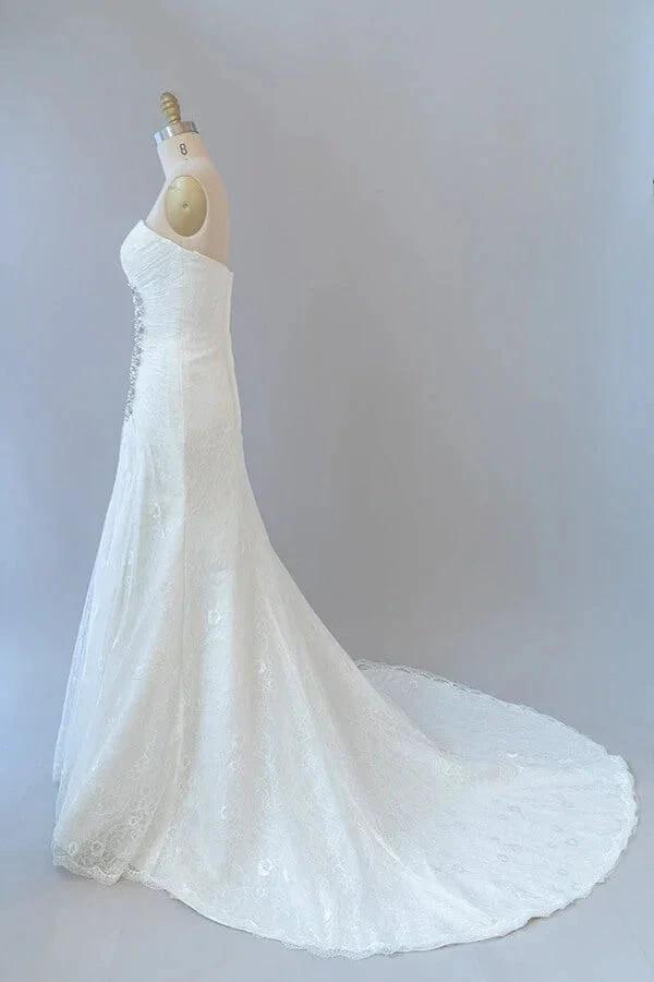 Chic Long Sheath Strapless Ruffle Lace Wedding Dress (ZD14387)