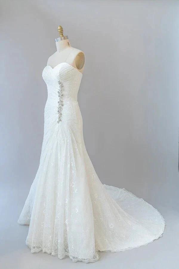 Chic Long Sheath Strapless Ruffle Lace Wedding Dress (ZD14387) - View 4 | VelvetHem
