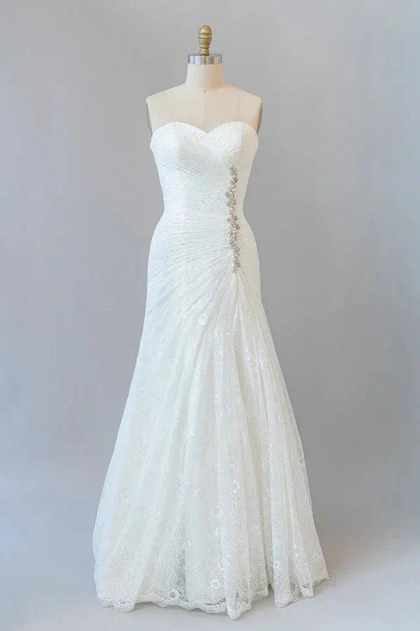 Chic Long Sheath Strapless Ruffle Lace Wedding Dress (ZD14387)