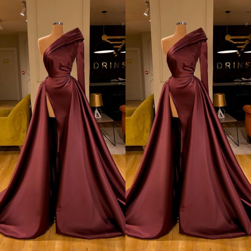 Chic Long Sleeve One Sleeve Evening Dress With Split On Sale