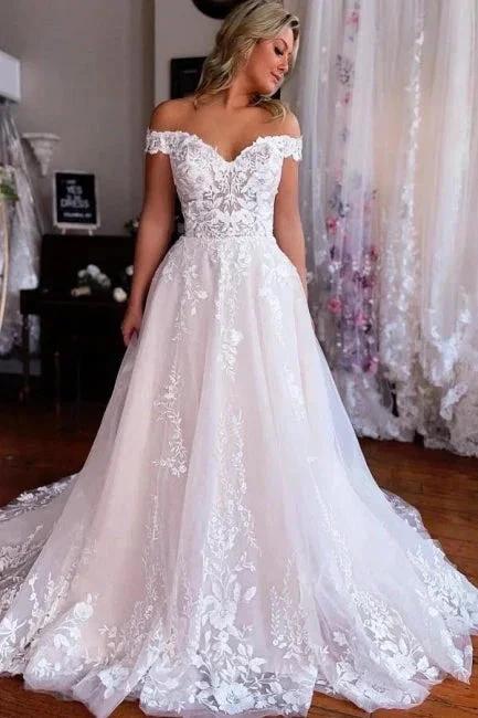 Chic Long White A-line Off-the-shoulder Sleeveless Wedding Dress with Lace (ZD16622) - VelvetHem