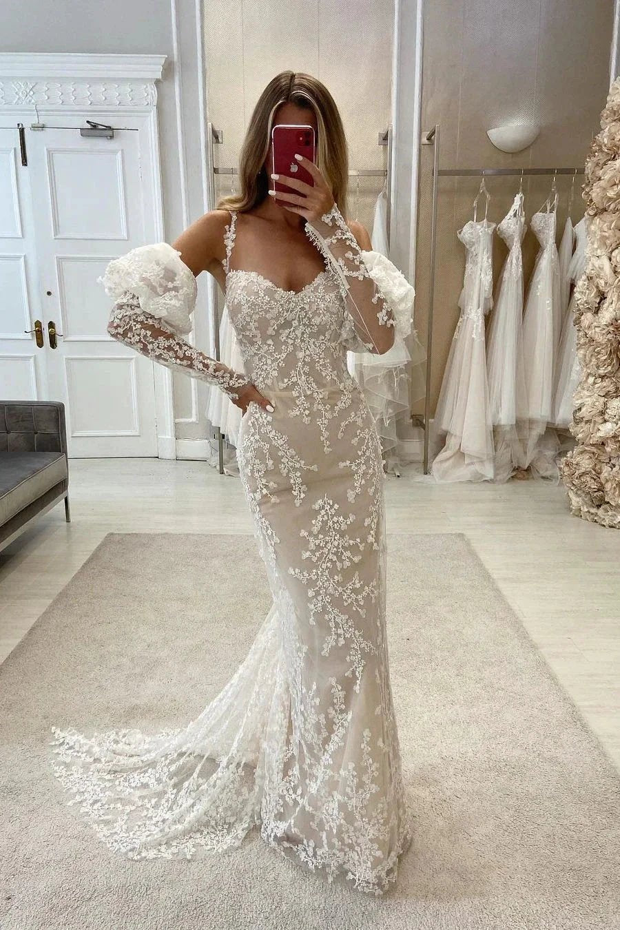 Chic Mermaid Appliques Straps Wedding Dress With Sleeves (ZD14560)
