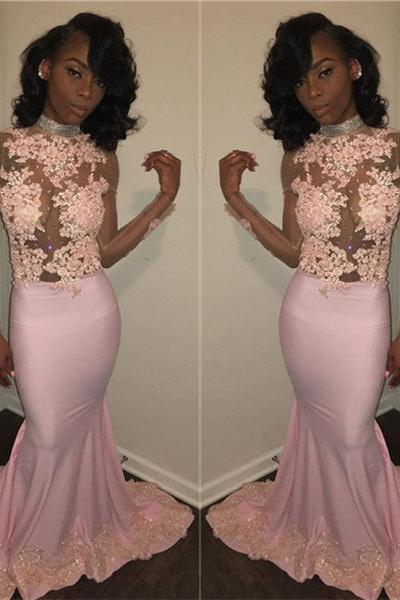 Chic Mermaid Pink High Neck Prom Dresses Long Sleevess Appliques Evening Gowns with Beadings