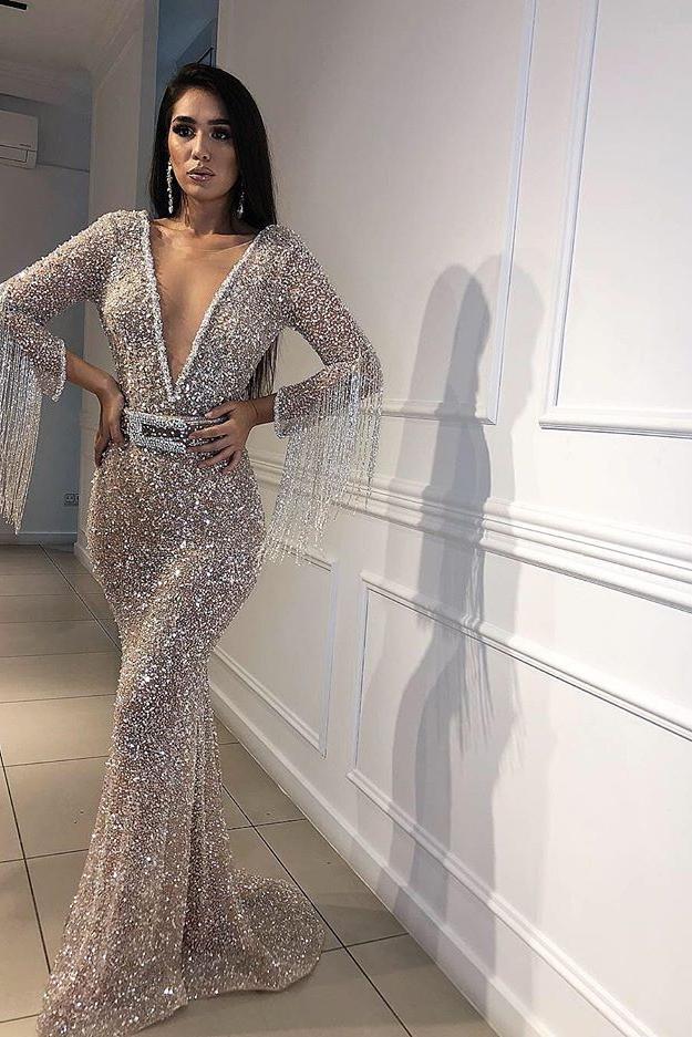 Chic Mermaid Tulle Sequins Deep V-Neck 3/4 Sleeves Floor-Length Prom Party Gowns with Tassels