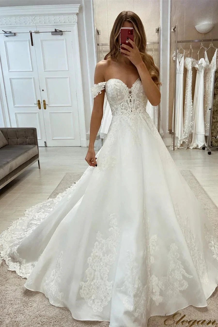 Chic Off-the-shoulder A-line Lace Satin Wedding Dress (ZD14574)