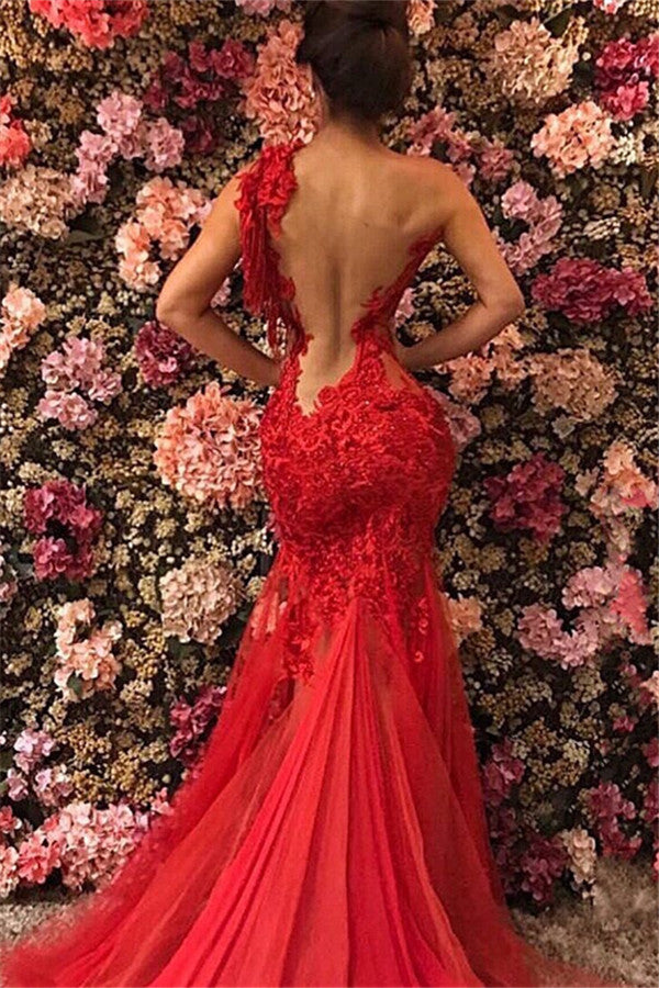 Chic One-Shoulder Appliques Tulle Beading Mermaid Floor-Length Prom Dresses
