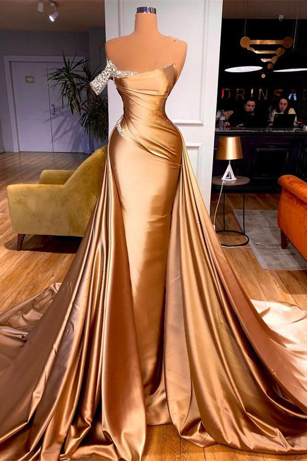 Chic One-Shoulder Beaded Mermaid Prom Dress With Court Train