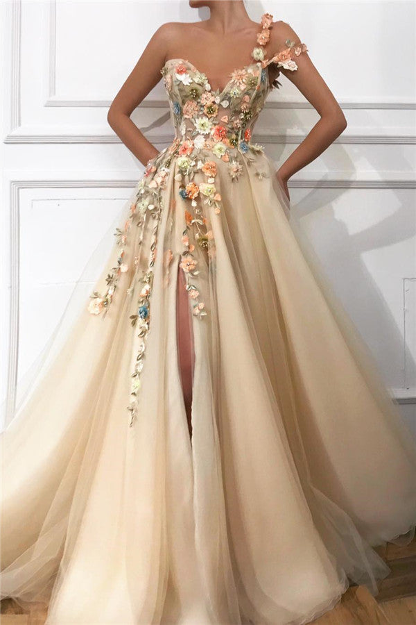 Chic One-Shoulder Strap Tulle Sweetheart Front Slit Appliques Flowers Prom Party Gowns