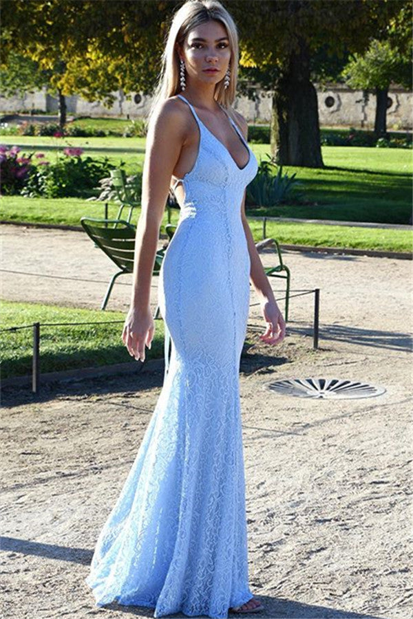 Chic Open Back Lace Evening Dress Mermaid Spaghetti Straps Baby Blue Fomral Evening Dress