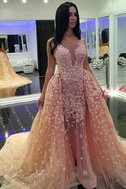 Chic Pink Mermaid Puffy Formal Dresses |Detachable Train Dubai Arabic Evening Dresses
