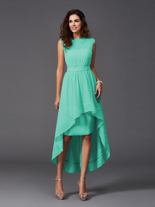 Chic Sash/Ribbon/Belt Sleeveless High-Low Chiffon Bridesmaid Dresses