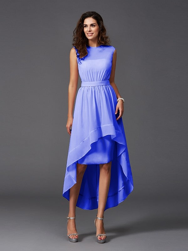 Chic Sash/Ribbon/Belt Sleeveless High-Low Chiffon Bridesmaid Dresses