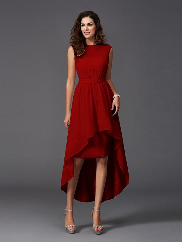 Chic Sash/Ribbon/Belt Sleeveless High-Low Chiffon Bridesmaid Dresses