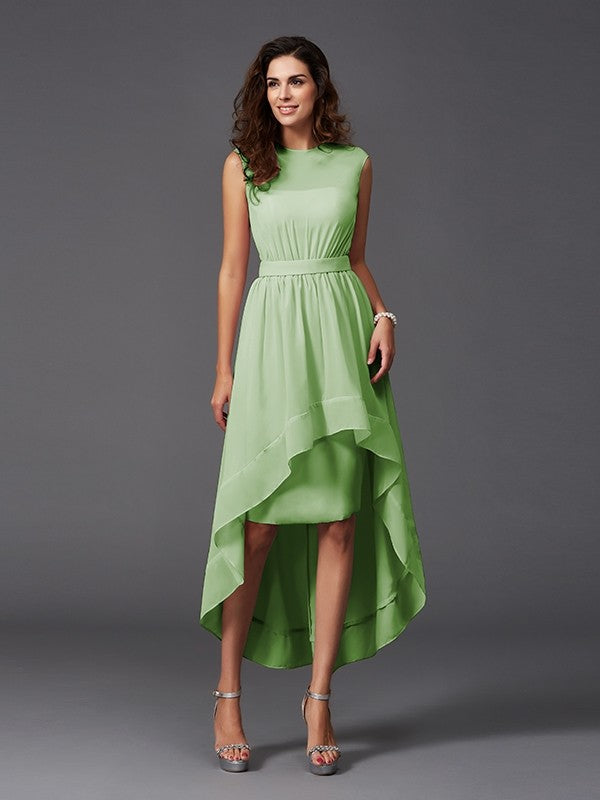 Chic Sash/Ribbon/Belt Sleeveless High-Low Chiffon Bridesmaid Dresses