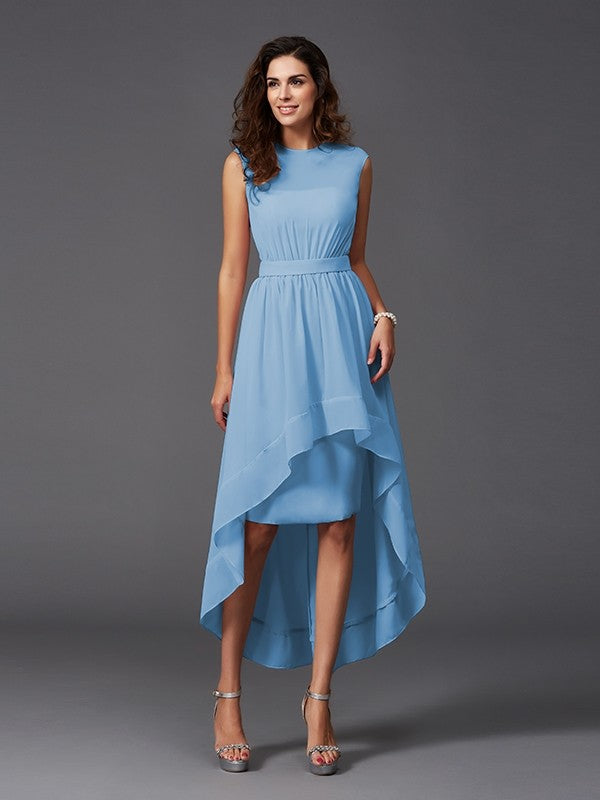 Chic Sash/Ribbon/Belt Sleeveless High-Low Chiffon Bridesmaid Dresses
