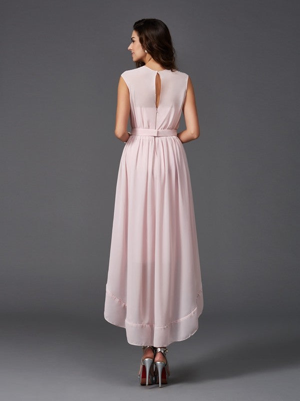 Chic Sash/Ribbon/Belt Sleeveless High-Low Chiffon Bridesmaid Dresses