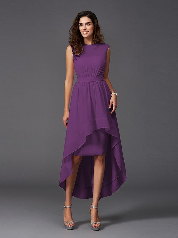 Chic Sash/Ribbon/Belt Sleeveless High-Low Chiffon Bridesmaid Dresses