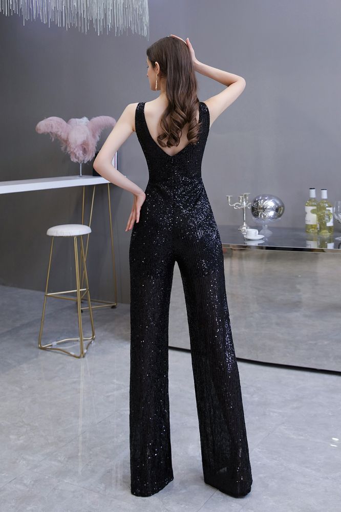 Chic Shining V-Neck Silver Sequin Sleeveless Prom Jumpsuit