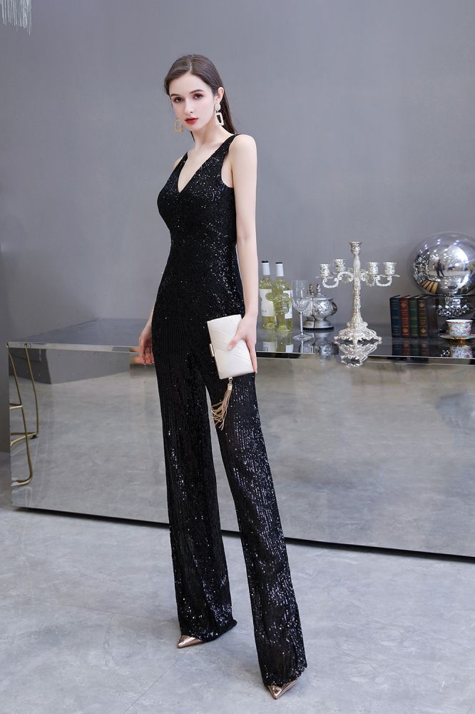Chic Shining V-Neck Silver Sequin Sleeveless Prom Jumpsuit