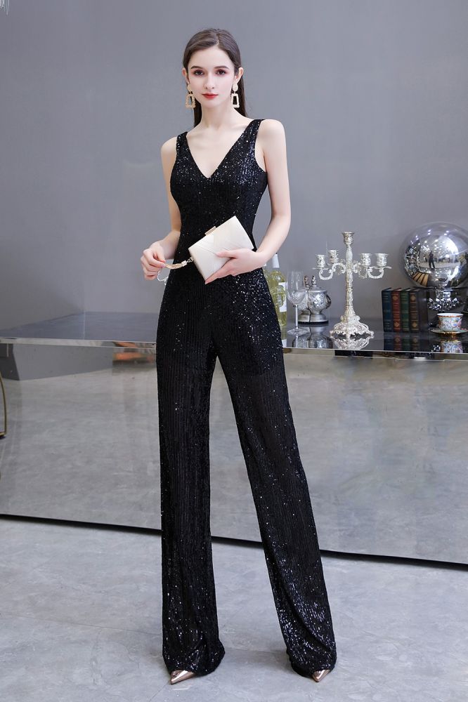Chic Shining V-Neck Silver Sequin Sleeveless Prom Jumpsuit