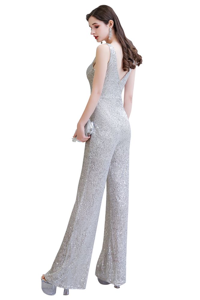 Chic Shining V-Neck Silver Sequin Sleeveless Prom Jumpsuit