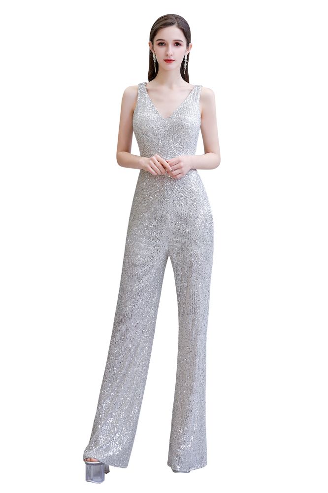 Chic Shining V-Neck Silver Sequin Sleeveless Prom Jumpsuit