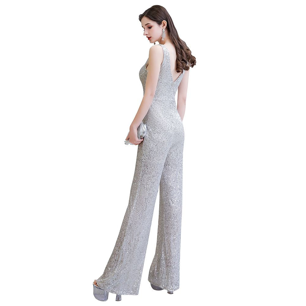 Chic Shining V-Neck Silver Sequin Sleeveless Prom Jumpsuit