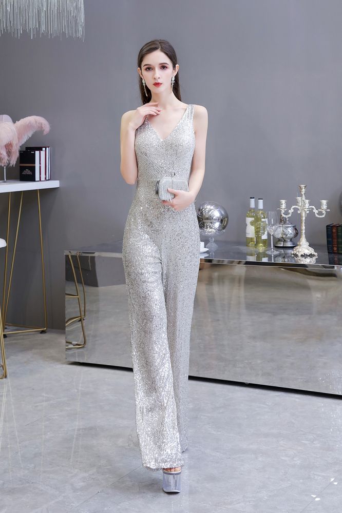 Chic Shining V-Neck Silver Sequin Sleeveless Prom Jumpsuit