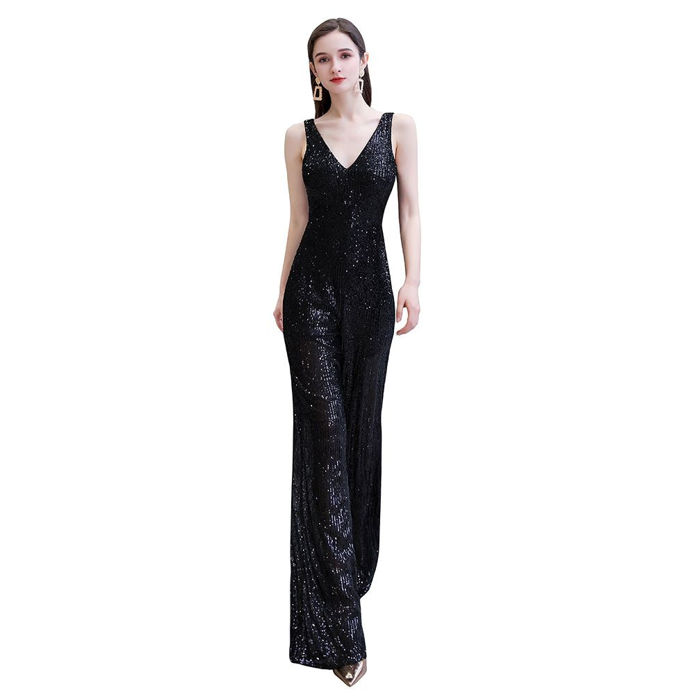 Chic Shining V-Neck Silver Sequin Sleeveless Prom Jumpsuit