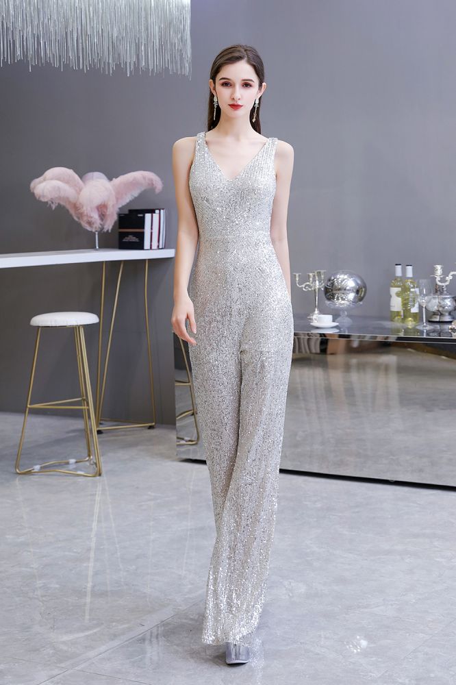 Chic Shining V-Neck Silver Sequin Sleeveless Prom Jumpsuit