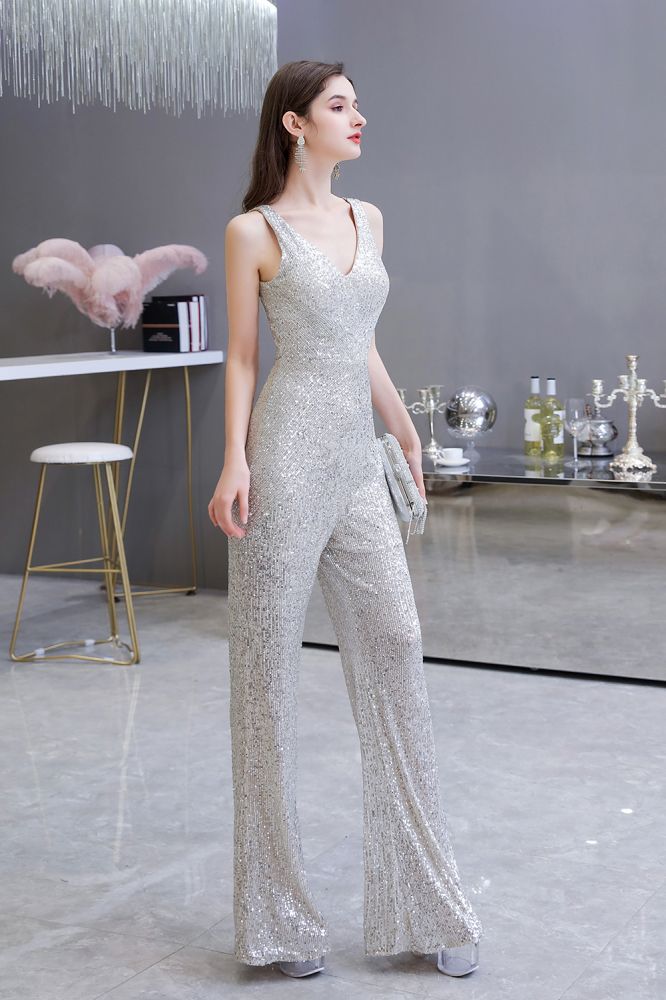 Chic Shining V-Neck Silver Sequin Sleeveless Prom Jumpsuit