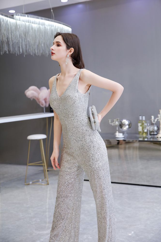 Chic Shining V-Neck Silver Sequin Sleeveless Prom Jumpsuit