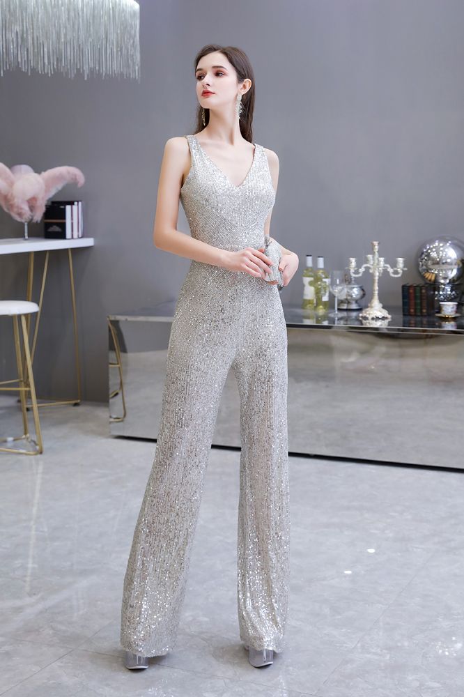 Chic Shining V-Neck Silver Sequin Sleeveless Prom Jumpsuit