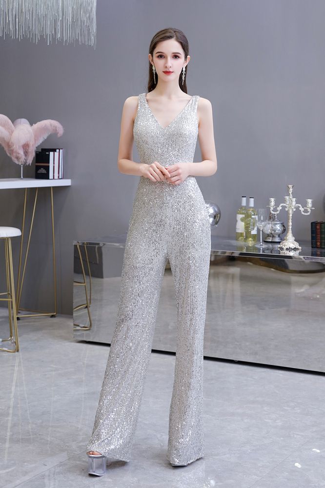 Chic Shining V-Neck Silver Sequin Sleeveless Prom Jumpsuit