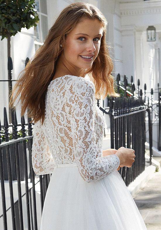 Chic Short A-line Tulle Jewel Lace Wedding Dress with Sleeves (ZD15171) - View 4 | VelvetHem