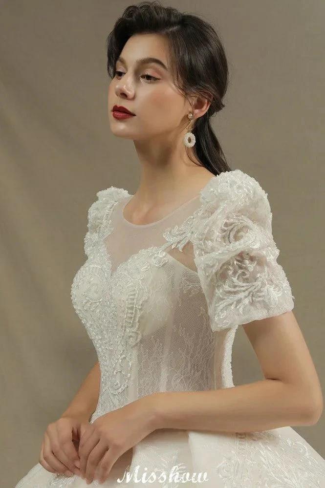 Chic Short Sleeves Tulle Lace Appliques Bridal Gown Spring Garden Wedding Dress (ZD13993)
