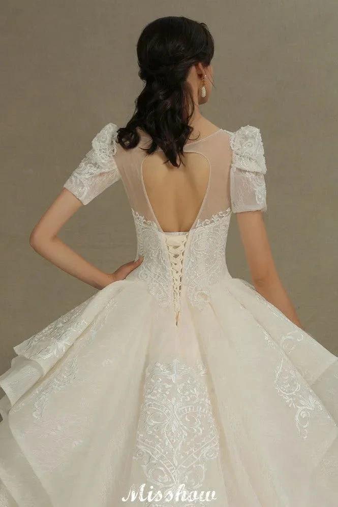 Chic Short Sleeves Tulle Lace Appliques Bridal Gown Spring Garden Wedding Dress (ZD13993)