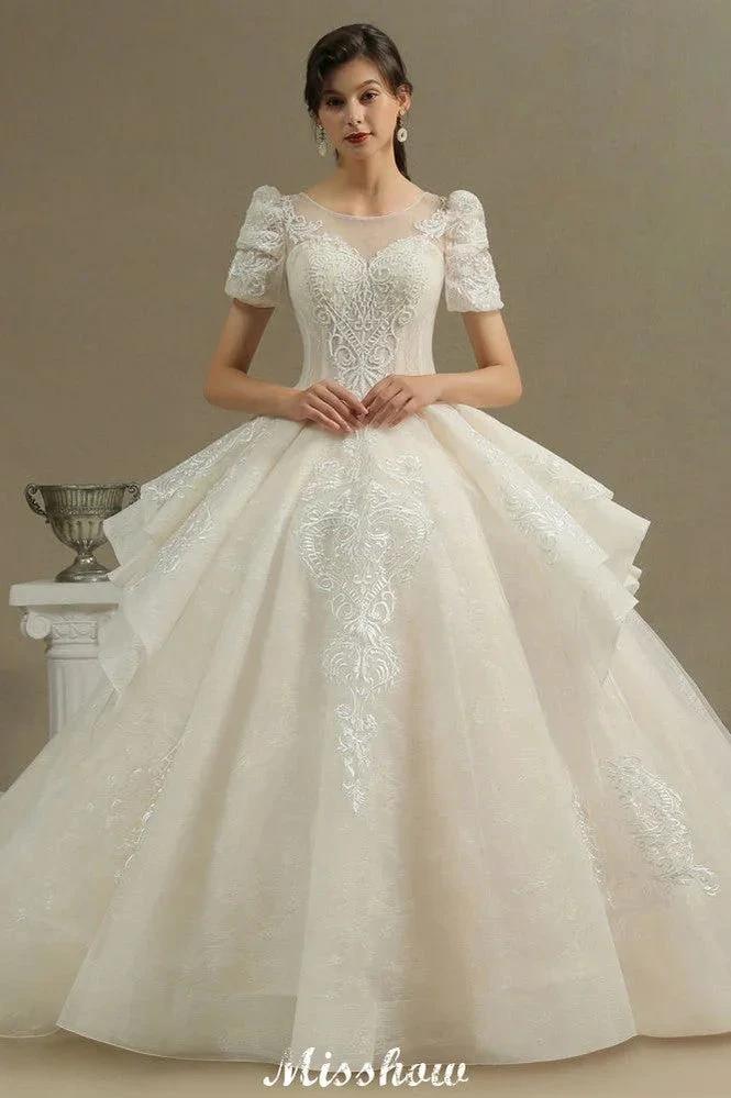 Chic Short Sleeves Tulle Lace Appliques Bridal Gown Spring Garden Wedding Dress by misshow.com