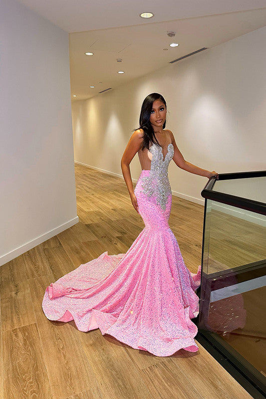 Chic Sleeveless Mermaid Sequins Prom Dresses With Ruffles Long