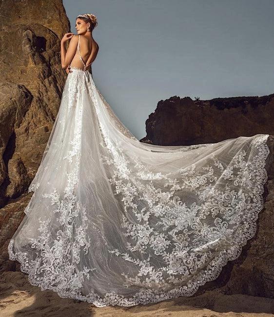 Chic Sleeveless V-Neck Wedding Dress Aline Tulle Brial Dress with Lace Appliques& Pockets (ZD16585) - View 2 | VelvetHem