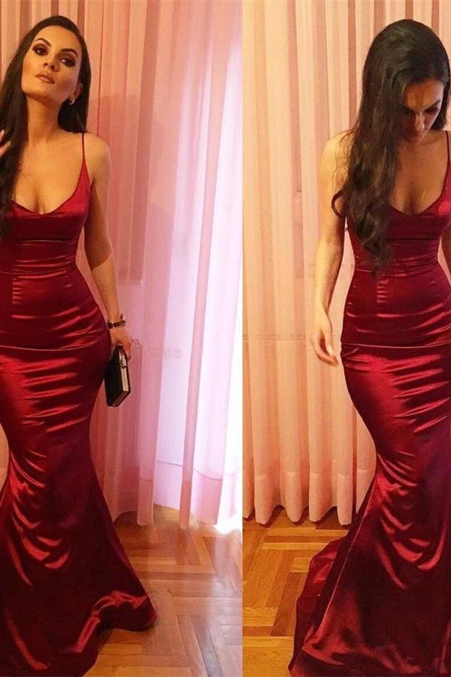 Chic Spaghetti Strap Sleeveless Red Trumpet Prom Party Gowns