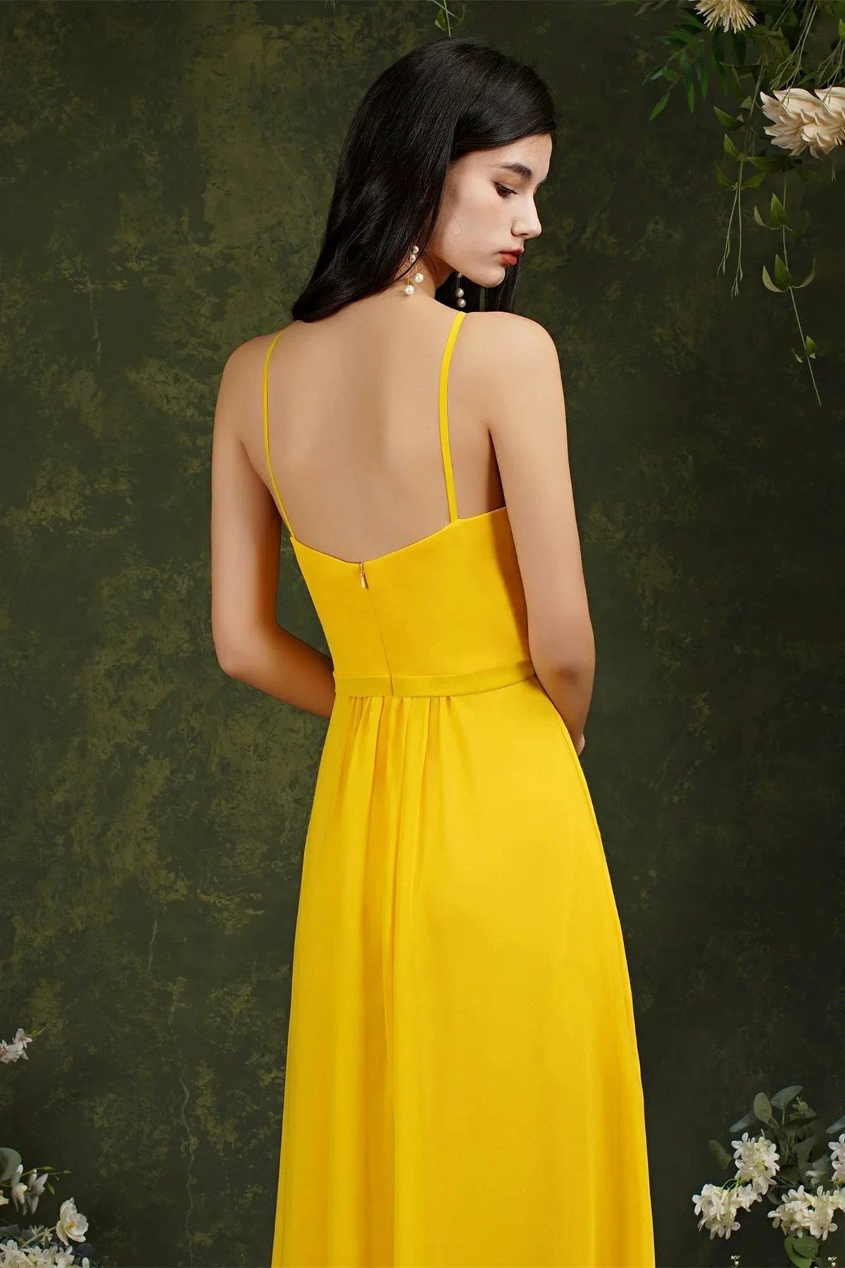 Chic Spaghetti Straps Halter A-Line Floor-length Split Bridesmaid Dress With Pockets (ZD13142)