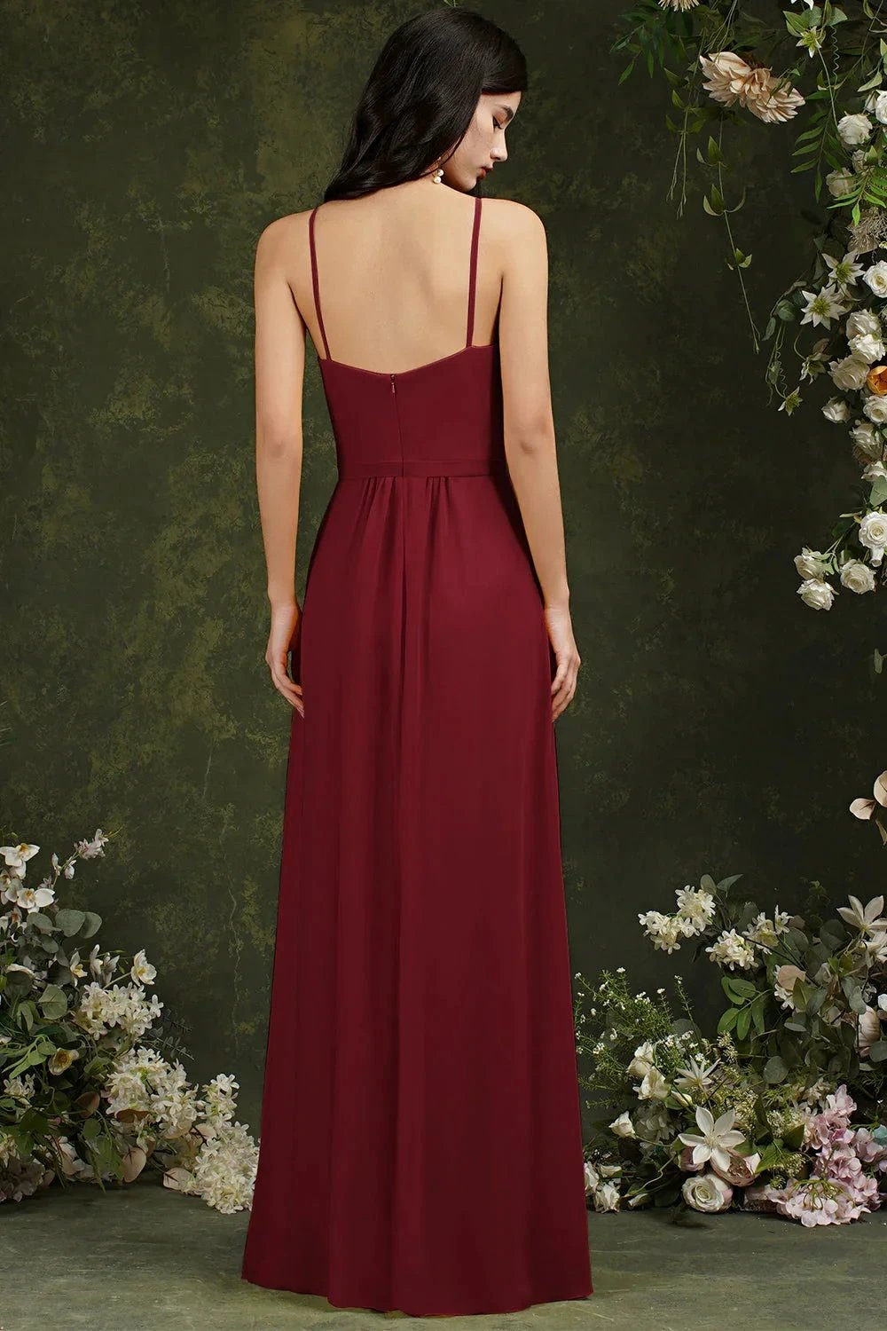 Chic Spaghetti Straps Halter A-Line Floor-length Split Bridesmaid Dress With Pockets (ZD13142)