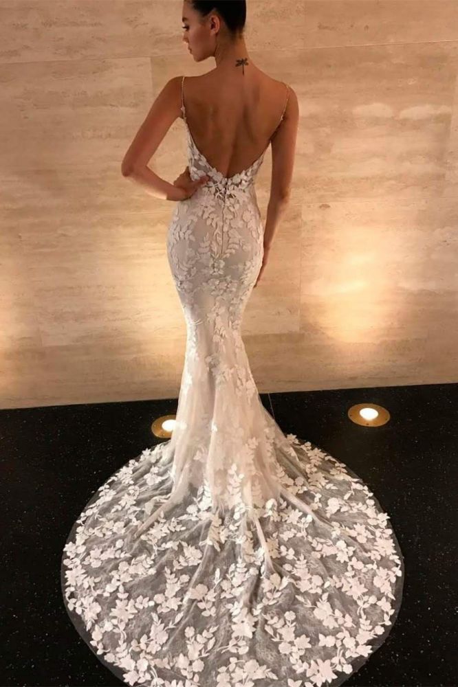 Chic Spaghetti Straps V-Neck Lace Prom Dresses|Long Sleevesless Floor-Length Evening Gown