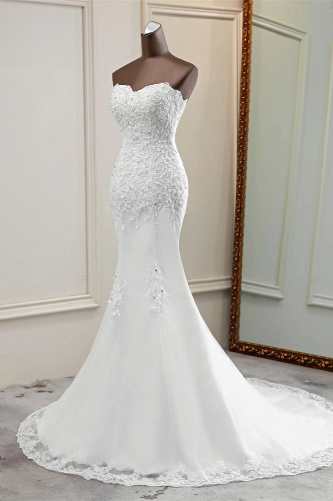Chic Strapless Lace Appliques White Mermaid Wedding Dresses with Beadings (ZD17423)