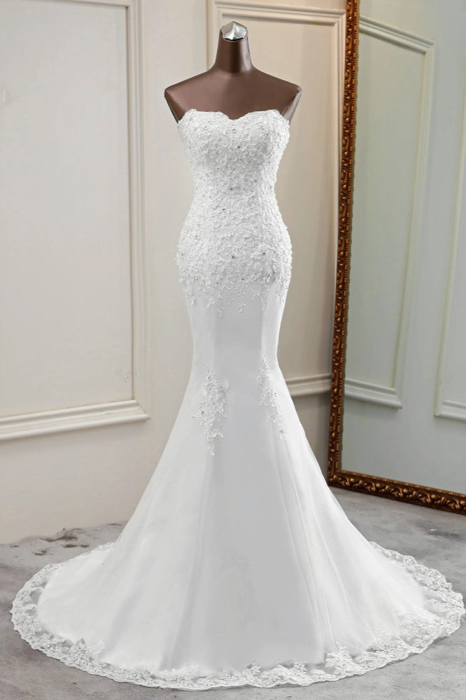 Chic Strapless Lace Appliques White Mermaid Wedding Dresses with Beadings (ZD17423)