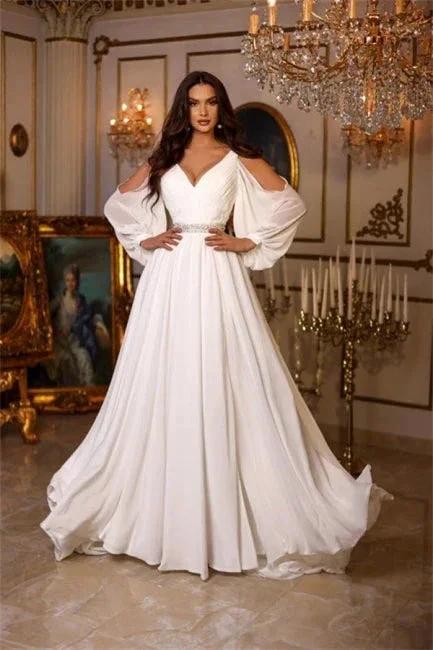Chic Summer Chiffon A-line V-neck Wedding Dresses With Long Sleeves (ZD14952)