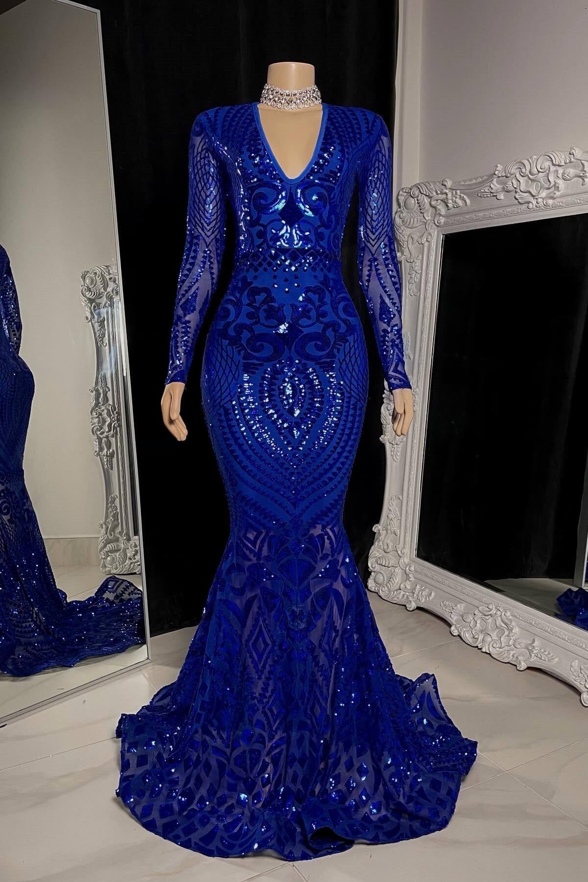 Chic V-Neck Long Sleeves Mermaid Prom Dresses Sheath Long With Zipper